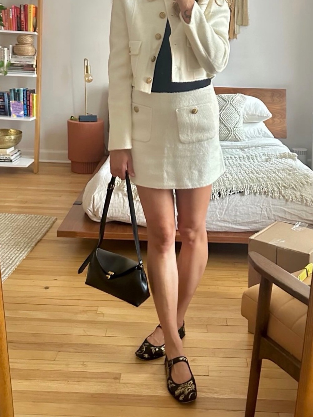 Cream Pocket-Front Mini Skirt with Gold Buttons